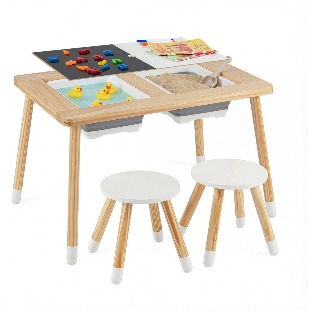 Natural wood kids activity table with two tabletop play surfaces and three stools