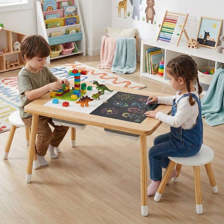Natural wood kids activity table with double-sided boards and two stools