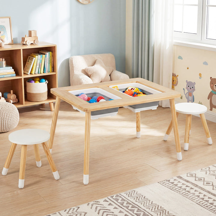 Natural wood kids activity table with storage tray and two matching stools