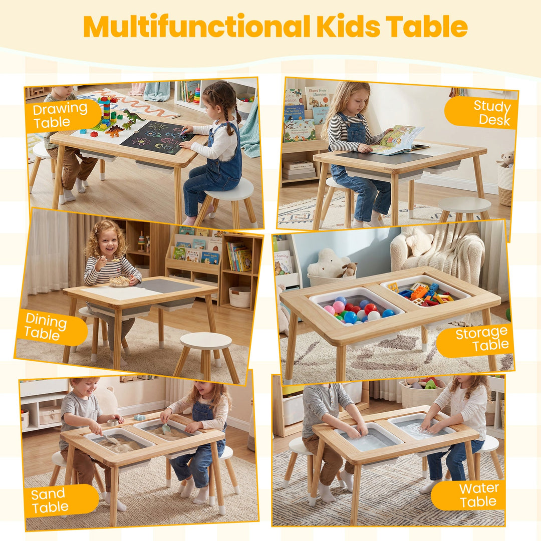 Natural wood kids activity table set for multiple play activities with two stools