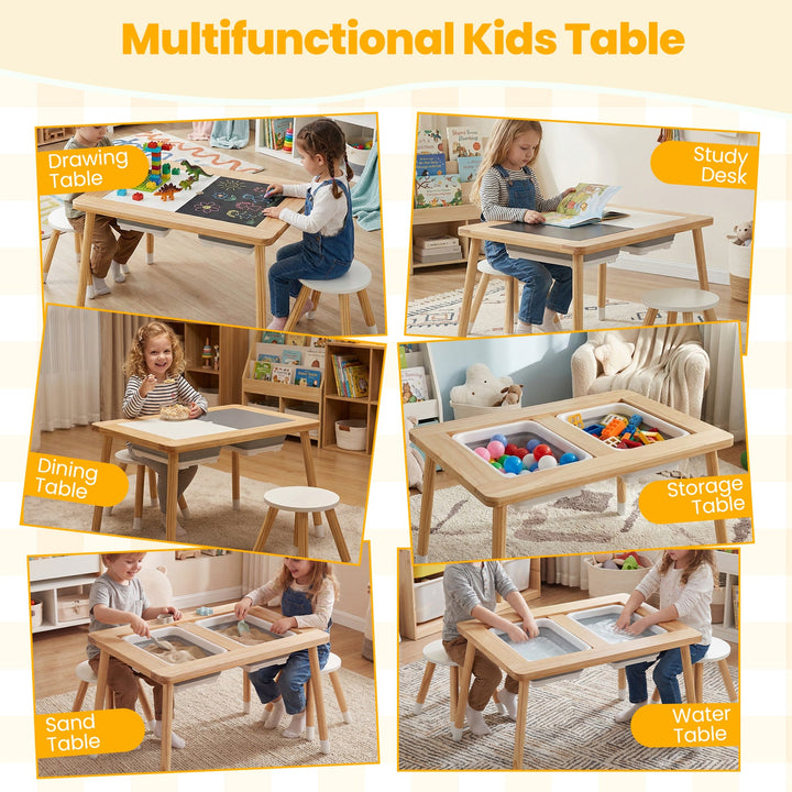 Natural wood kids activity table set for multiple play activities with two stools