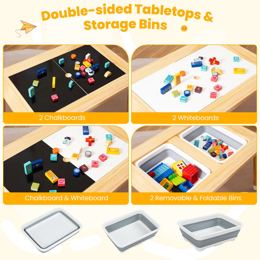 Double-sided tabletop kids activity table with chalkboards, whiteboards, and removable bins