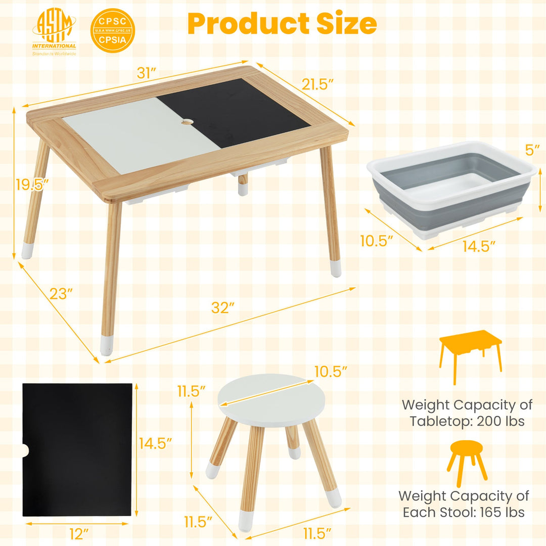 Kids activity table size chart with dimensions and tabletop and stool weight limits