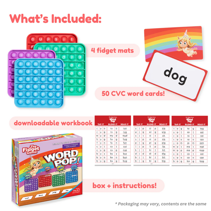 Word Pop includes four colorful pop-it mats and word cards set