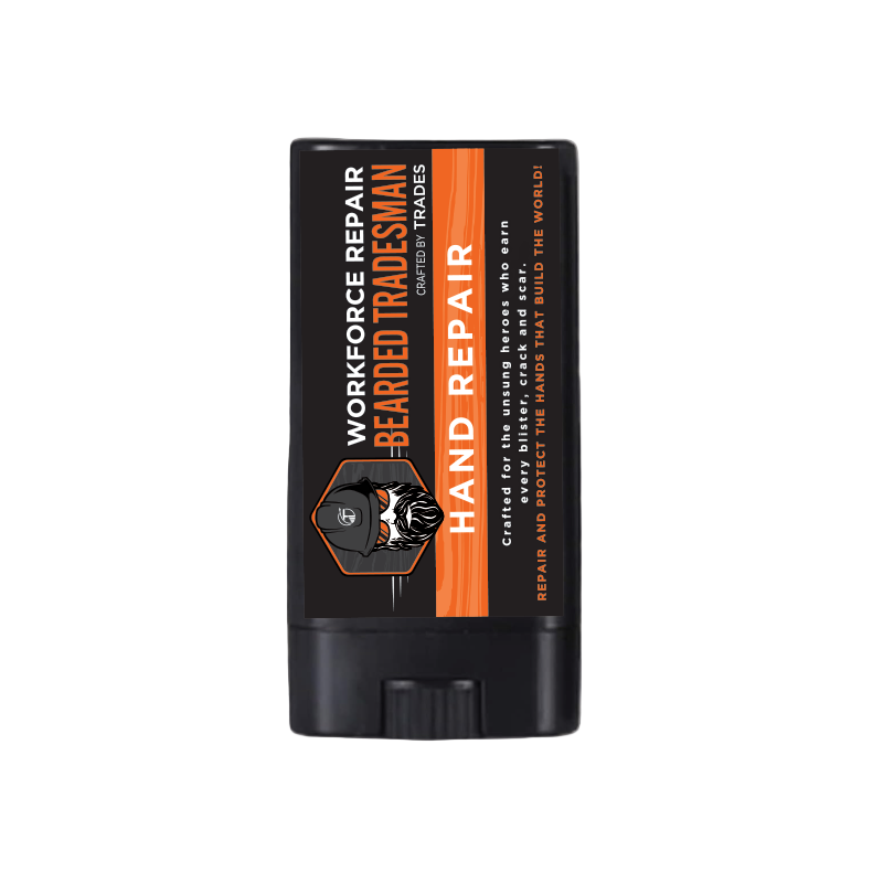 Black hand repair balm tube with vertical orange label text and flip-top cap