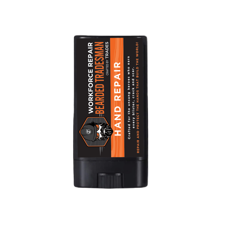 Black hand repair balm tube with vertical orange label text and flip-top cap