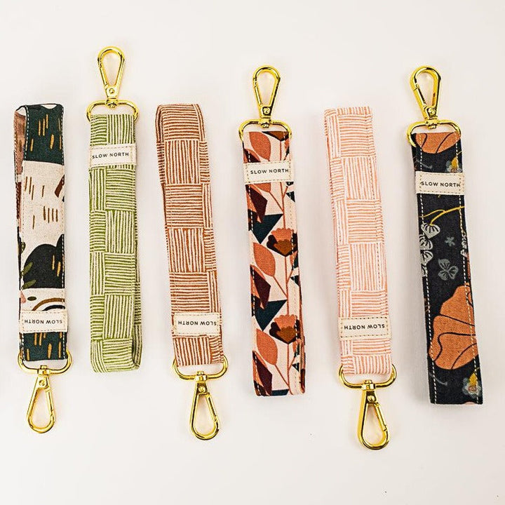 Set of five fabric wristlet keychains with gold lobster clasps