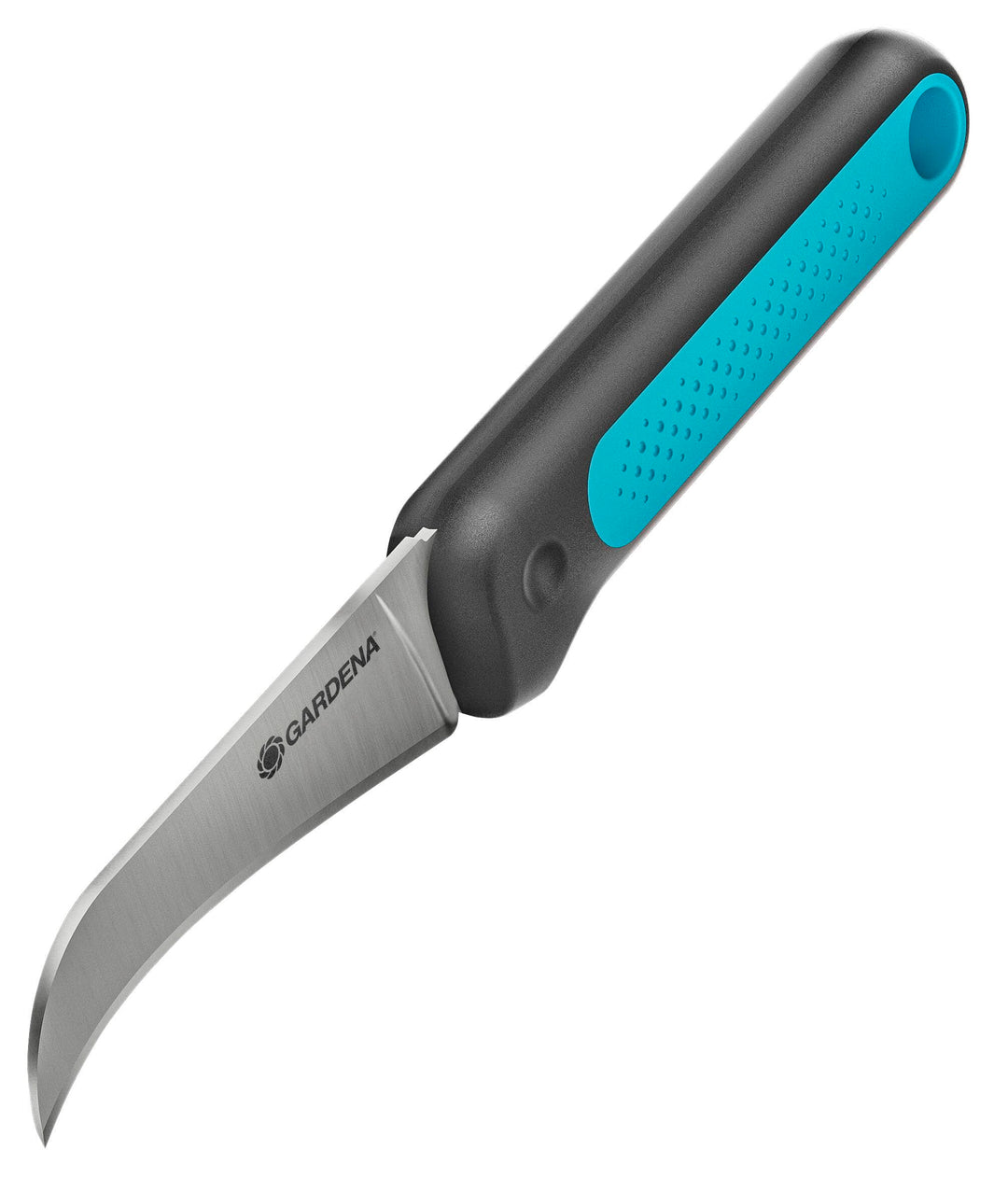 VeggieCut scissors with stainless blade and black handle, blue textured grip
