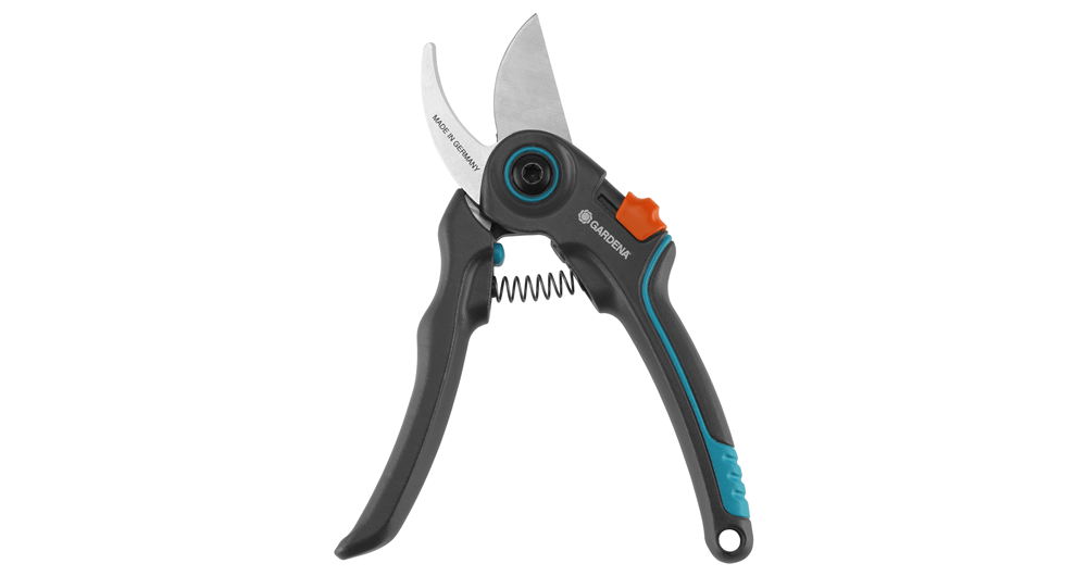 Anvil pruning secateurs with black grips, teal accents, and orange safety lock