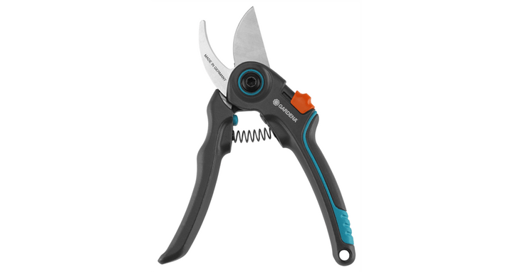 Anvil pruning secateurs with black grips, teal accents, and orange safety lock