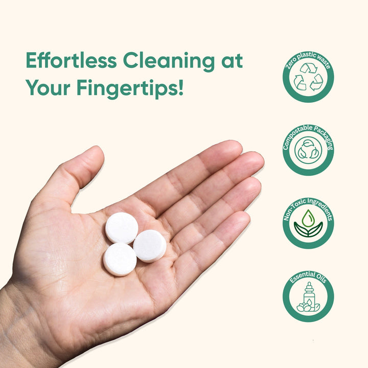 Bathroom cleaner refill tablets in hand, lavender fragrance, compostable packaging