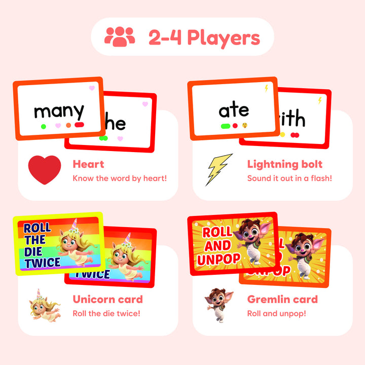Sight words word cards set for 2–4 players with heart, lightning, roll, and unpop icons