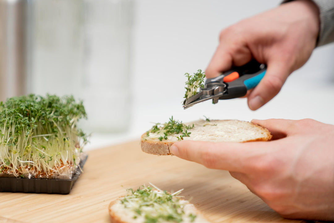 GripCut scissors in hand cutting herbs on a cutting board