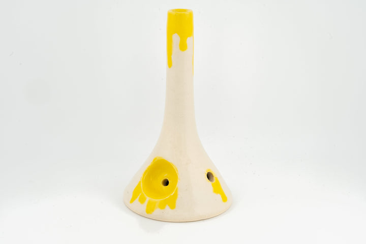 Ceramic beaker pipe with yellow drips over cream body and side holes
