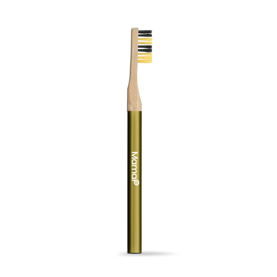 Manual toothbrush with bamboo handle and yellow bristles, shown upright.