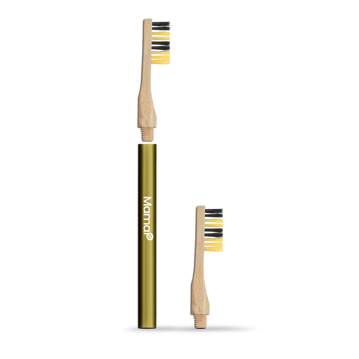 Revolve starter toothbrush set with two brushes: olive-gold sleeve and bamboo handle, yellow bristles.