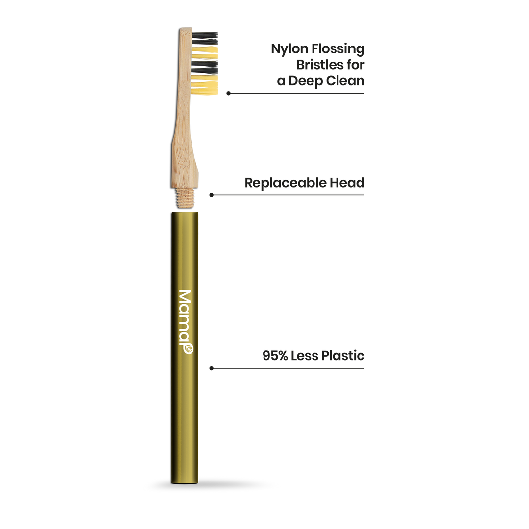 Revolve reusable bamboo toothbrush with olive-gold handle sleeve and yellow bristles.