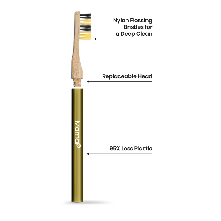 Revolve reusable bamboo toothbrush with olive-gold handle sleeve and yellow bristles.