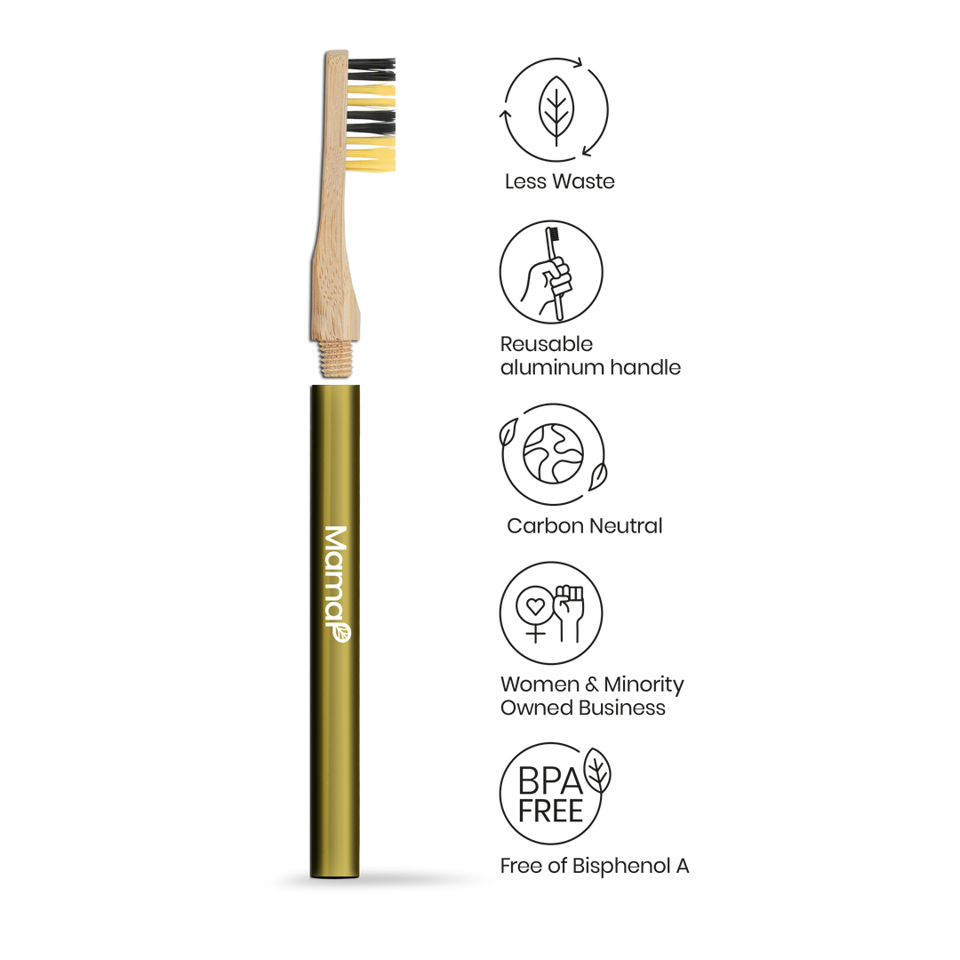 Revolve reusable bamboo toothbrush with olive-gold handle sleeve and yellow bristles.
