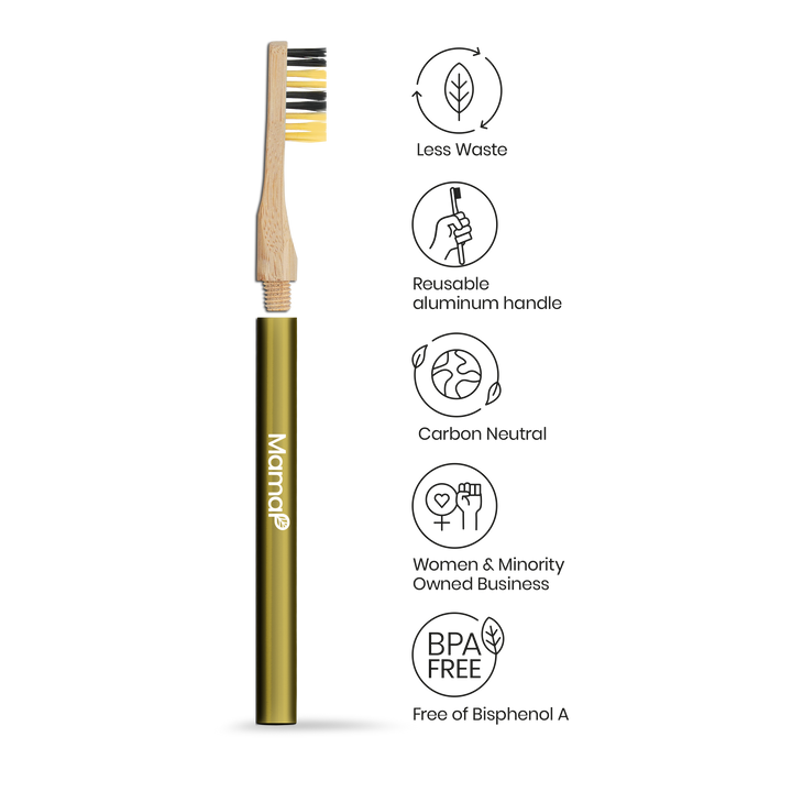 Revolve reusable bamboo toothbrush with olive-gold handle sleeve and yellow bristles.
