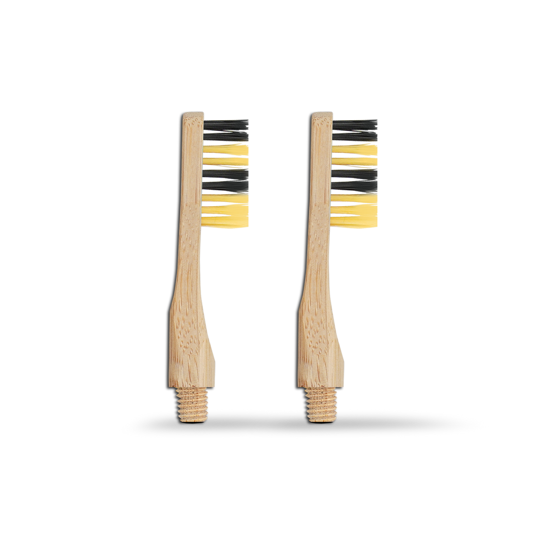 Revolve reusable bamboo toothbrush pair with yellow bristles and natural wood-look handles.