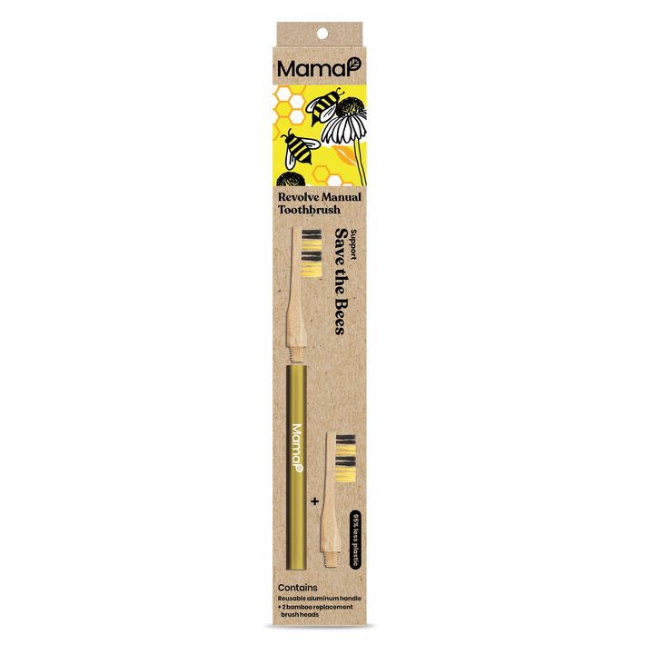 MamaP manual toothbrush product card with bee graphics and replaceable head.