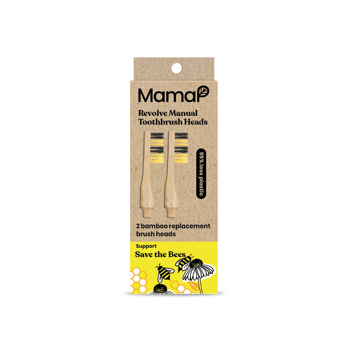 Toothbrush head replacement pack box with two bamboo heads and Save the Bees badge