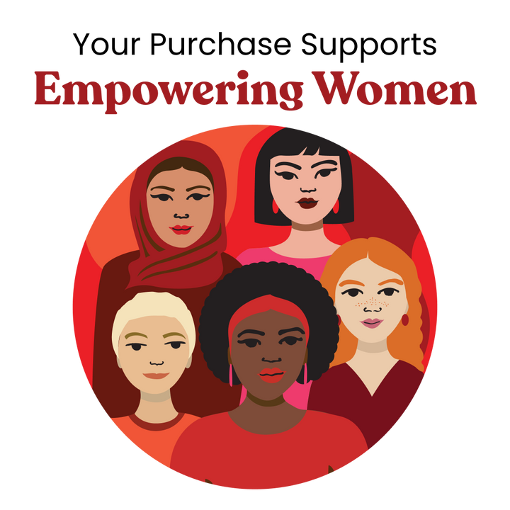 Skincare-themed illustration with five women faces on a red background