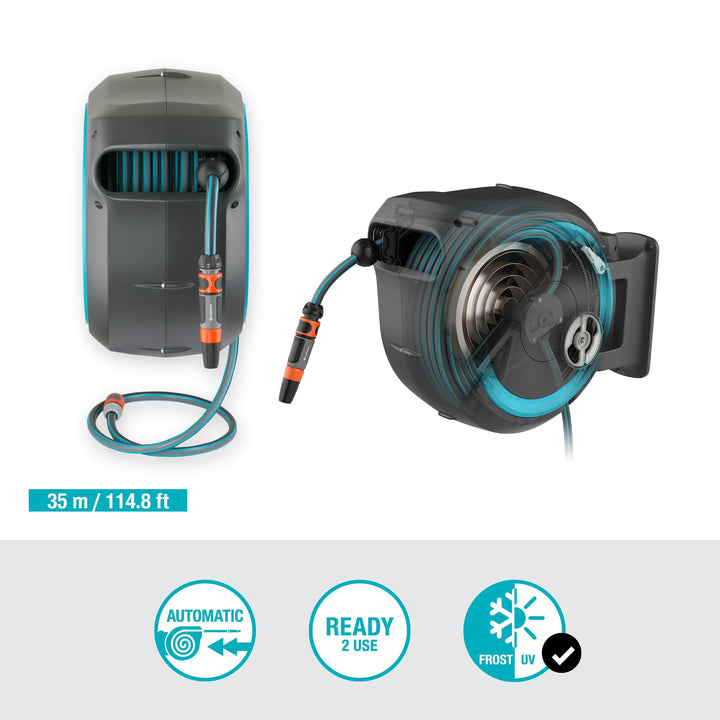 Wall-mounted hose reel shown front and side views with 35 m hose