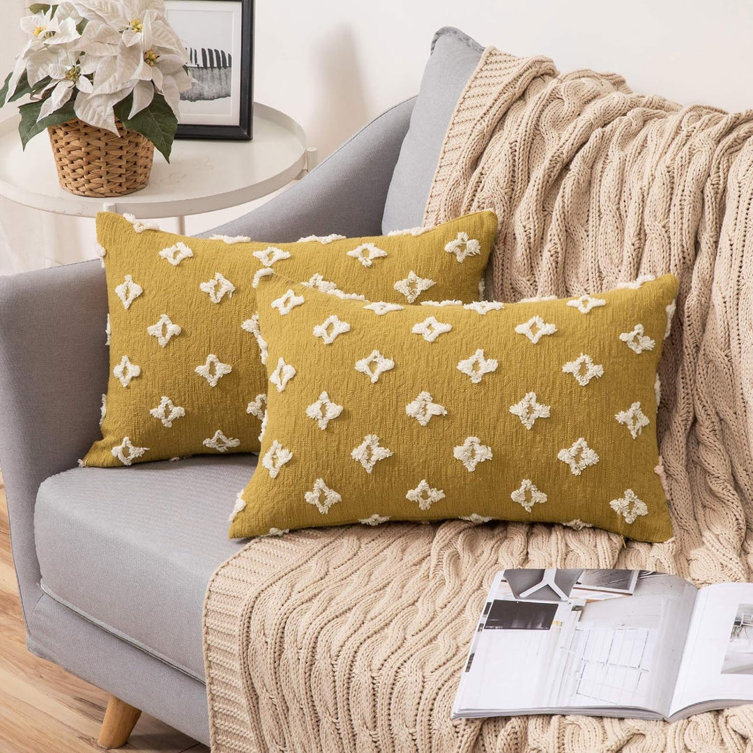 12''x20'' tufted floral lumbar support 100% cotton throw pillow | 7 colors textured daisy stitch design | boho chic lumbar & accent pillow | insert included