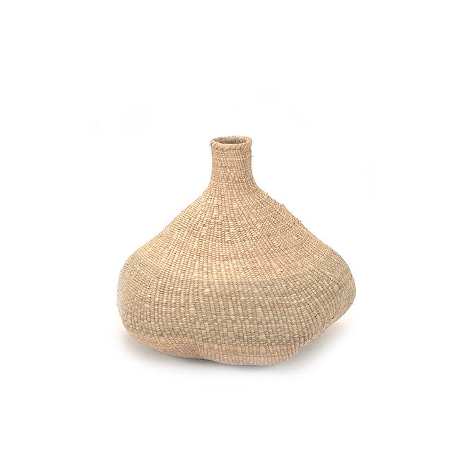 Natural woven sculptural basket with narrow neck and rounded base, medium size.