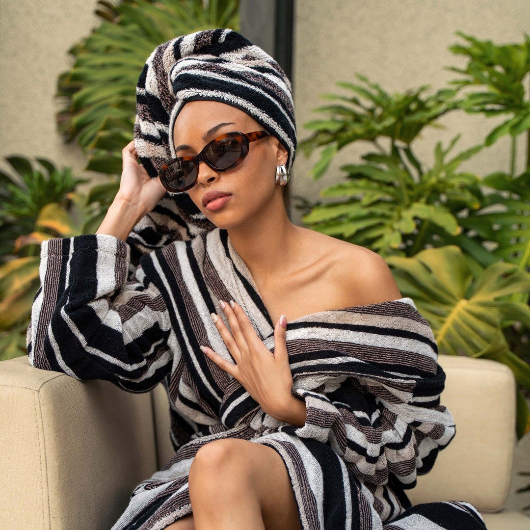Black-and-white striped bathrobe with hood and belt, thick terry knit with wide collar