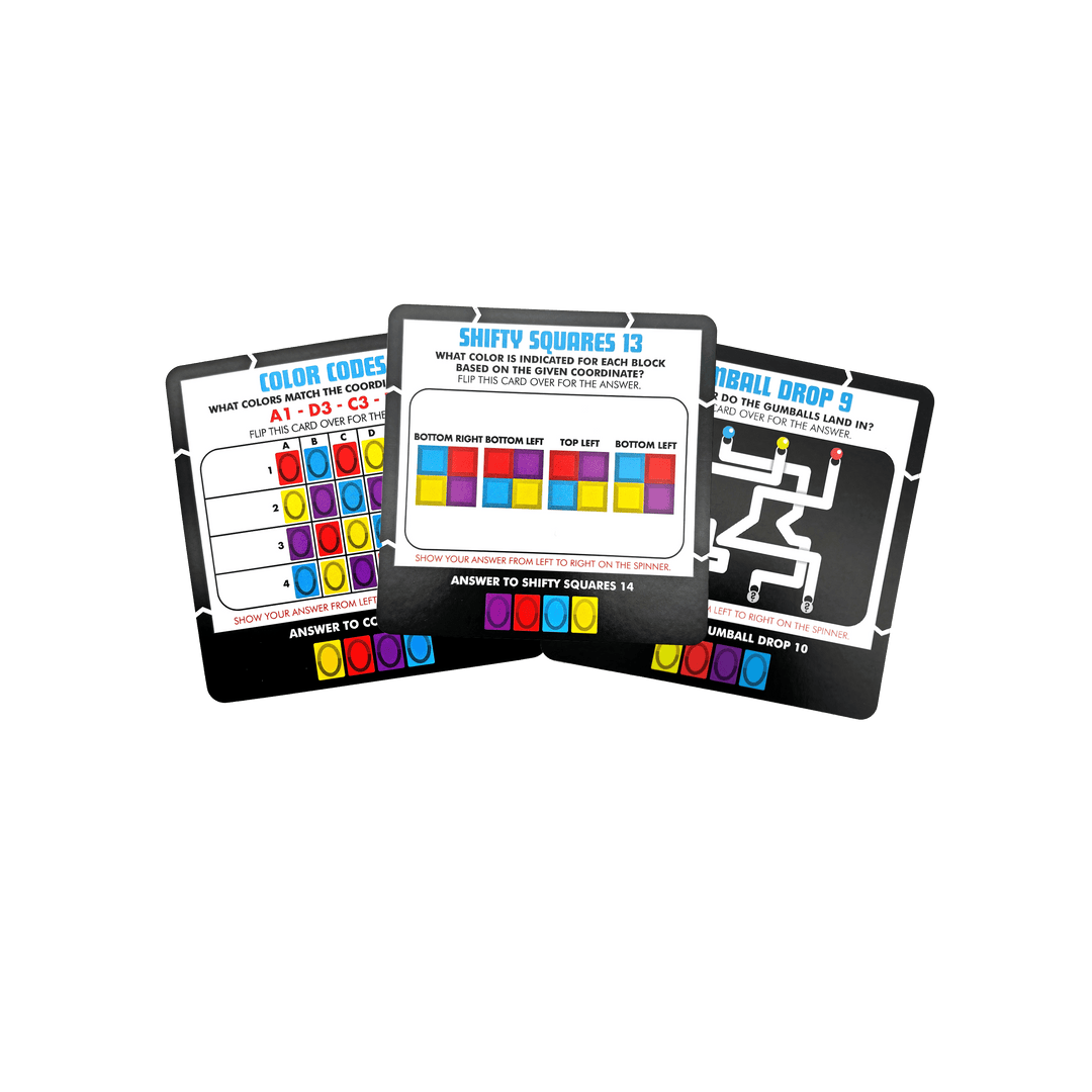 Color code and puzzle instruction cards for the fidget board game, with diagrams and grids