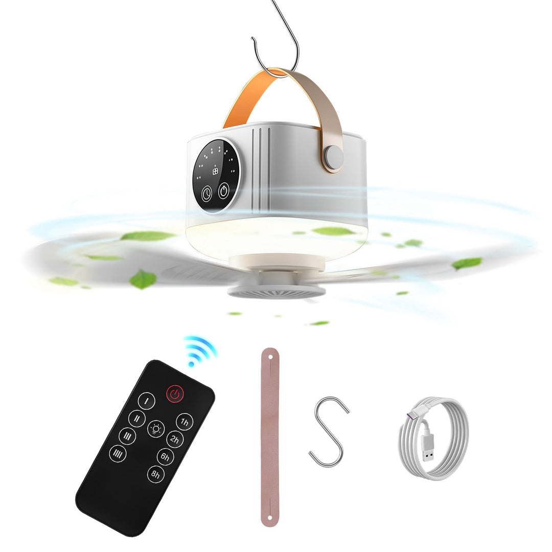 Rechargeable tent ceiling fan with LED light, white body, orange handle, remote and hanging hook