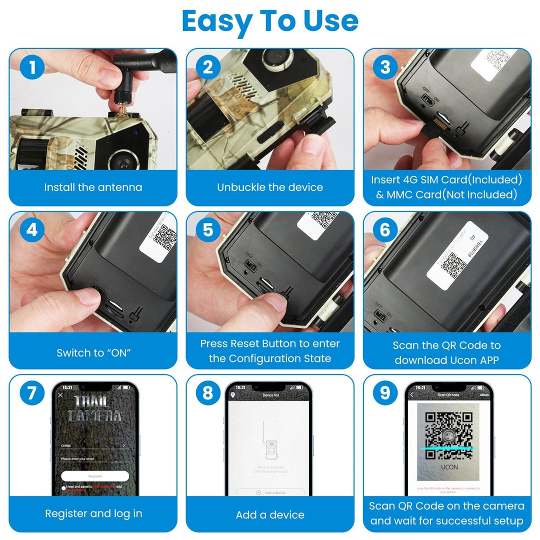 Solar trail camera setup guide showing antenna, SIM card, reset button, and QR code