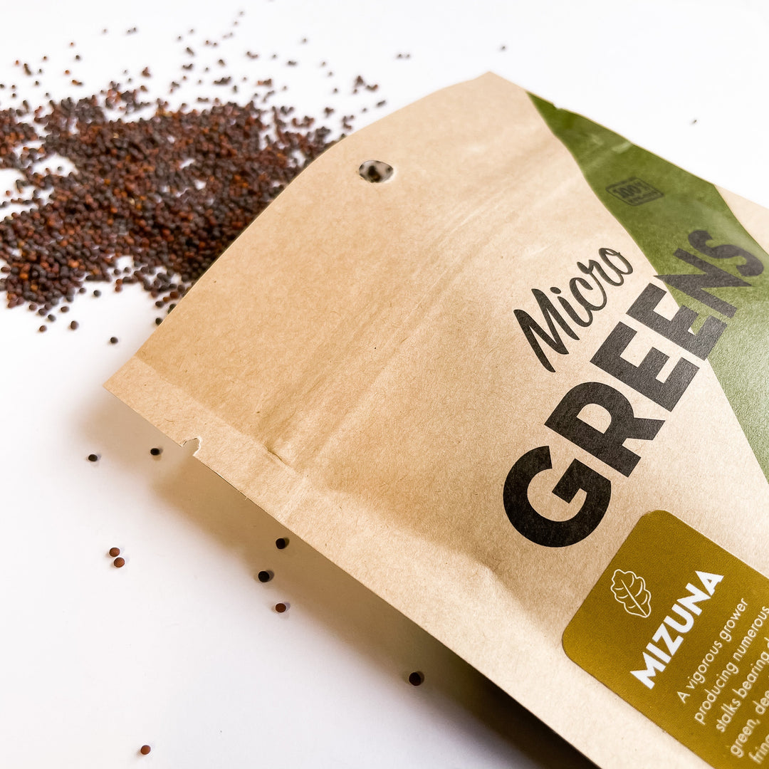 Mizuna microgreen seed packet with branding and green Mizuna label