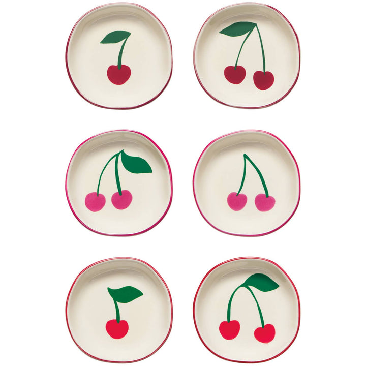 Set of cherry pinch bowls, cream bowls with pink rim and red cherry illustrations