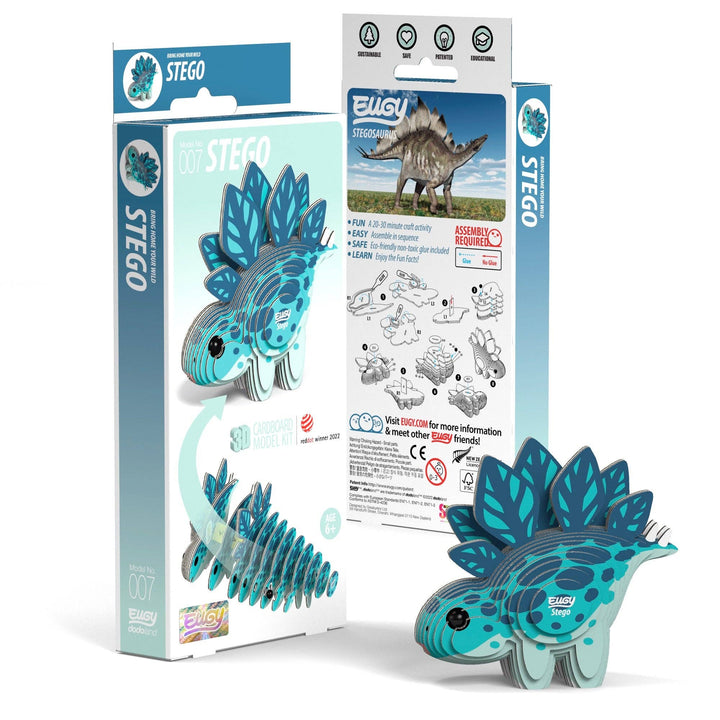 EUGY Stego 3D puzzle dinosaur with teal-blue 3D pieces and retail box