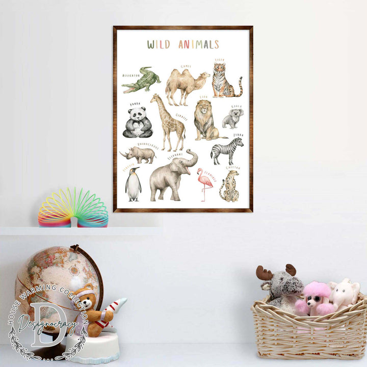 Framed wild animals poster with labeled animal illustrations, zebra and flamingo included