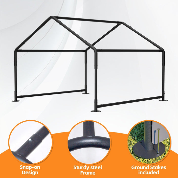Dark outdoor dog house tent with mesh panels and arched roof frame