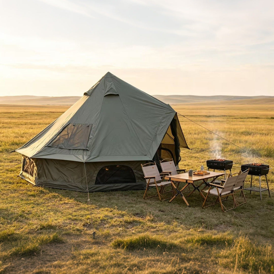 Dark green bell tent with arched door opening and interior sleeping area, family camping setup