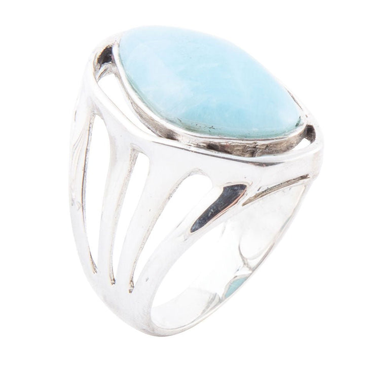 Sterling silver statement ring with oval blue larimar cabochon bezel setting