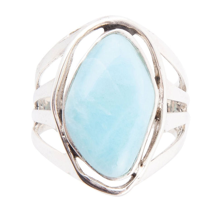 Sterling silver statement ring with large oval blue larimar cabochon centerpiece