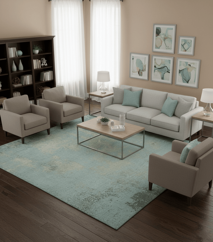 Abstract Design Blue, Beige And Gray 8x10 Hand Knotted Wool and Bamboo Silk Rug