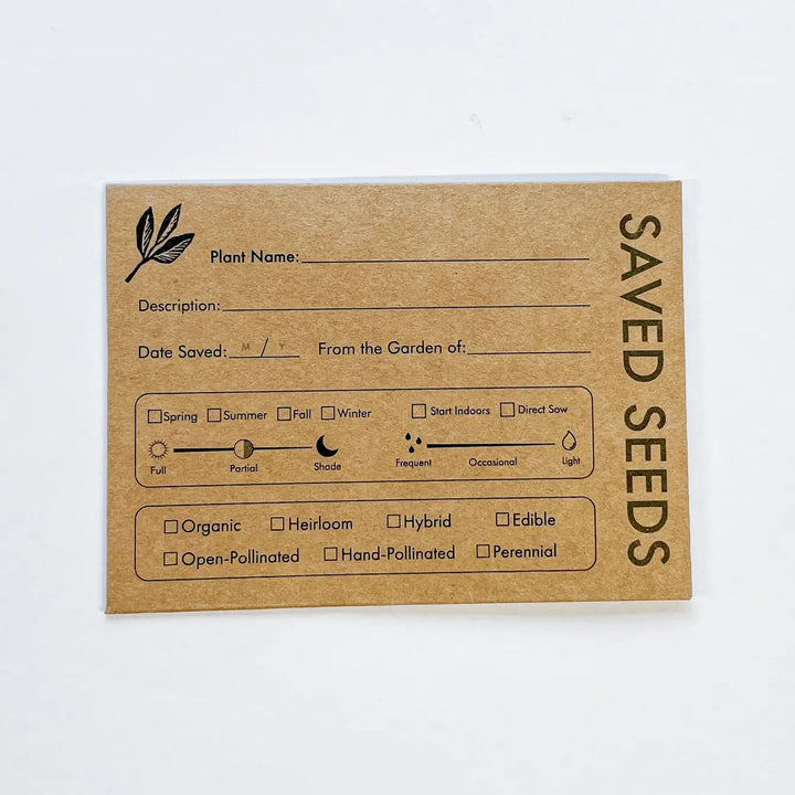 Kraft seed saving envelope with plant name and date saved form fields