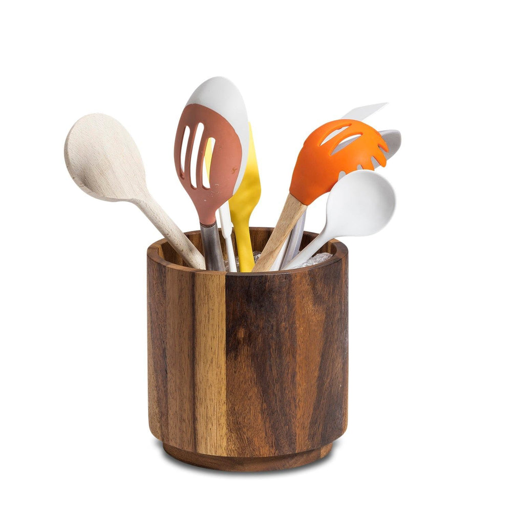 Acacia Wood Rotating Lazy Susan Utensil Holder 7 x 7 Inch Countertop Organizer — Kitchen, [material], BandsCo Straps