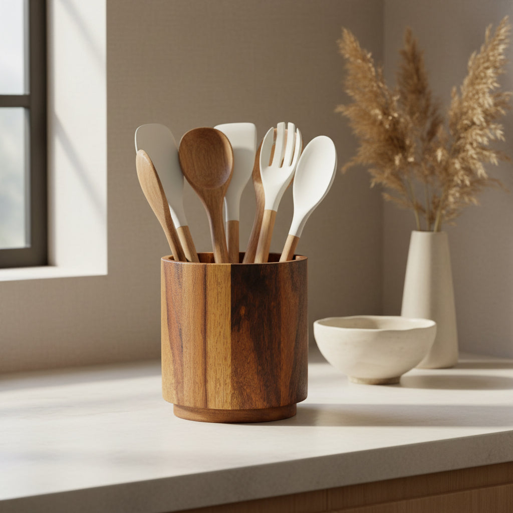 Acacia Wood Rotating Lazy Susan Utensil Holder 7 x 7 Inch Countertop Organizer — Kitchen, [material], BandsCo Straps