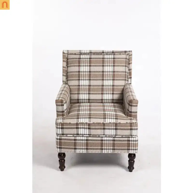 Accent Chair Vintage Linen Striped Nailhead Trim Wood Legs