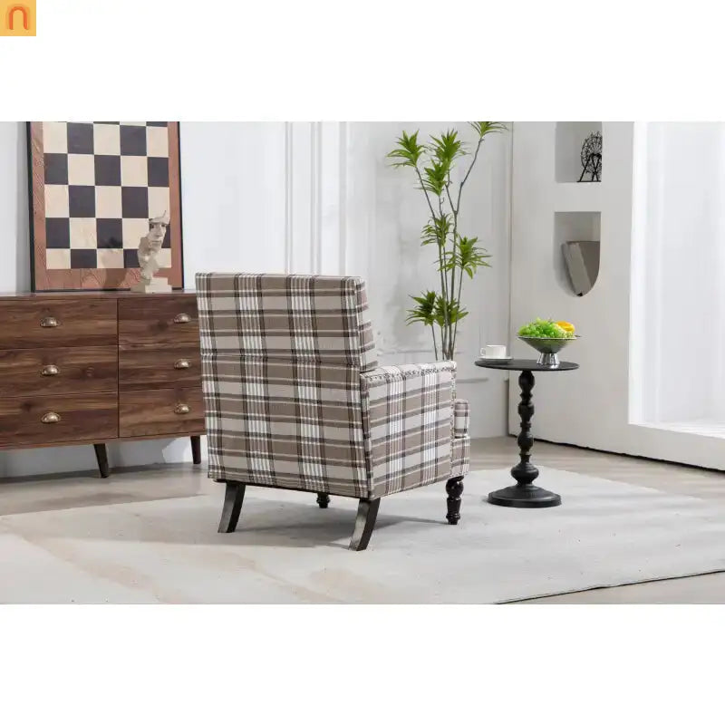 Accent Chair Vintage Linen Striped Nailhead Trim Wood Legs