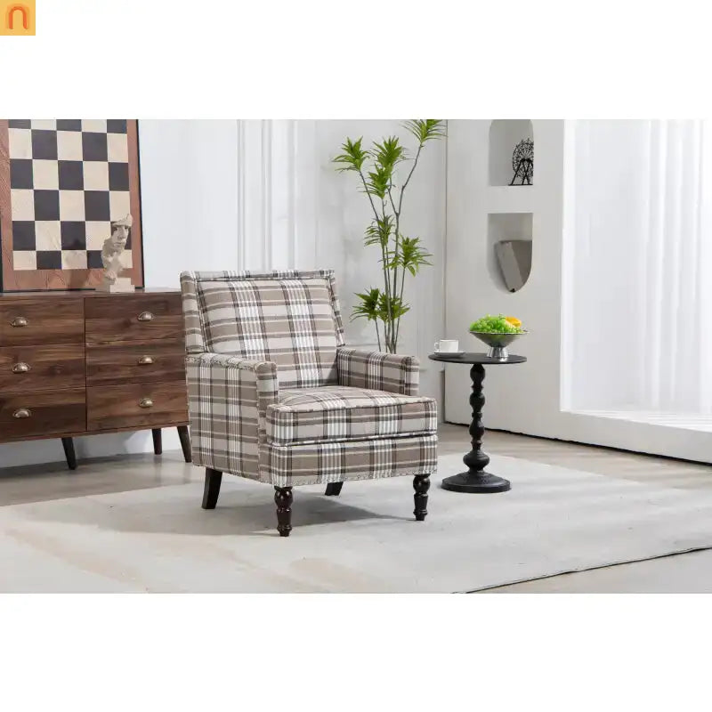 Accent Chair Vintage Linen Striped Nailhead Trim Wood Legs